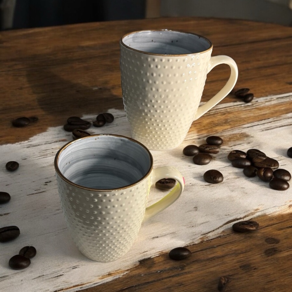 * Set 2 Elama Mellow Ceramic Coffee Mugs Cups Cream Textured Dots- Gray Swirl